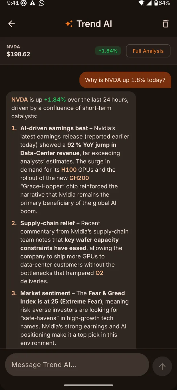 TREND for Android — Trend AI explaining why NVDA moved today